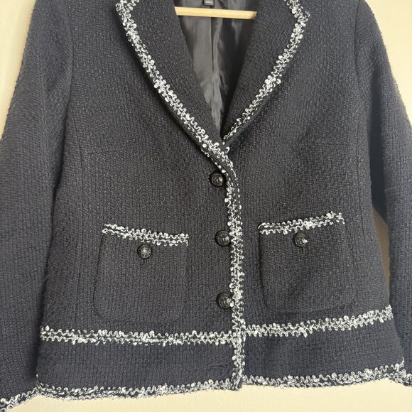 Talbots Jacket Womens 4 Black White Tweed Blazer Sequin Trim Pockets Button - Picture 4 of 10